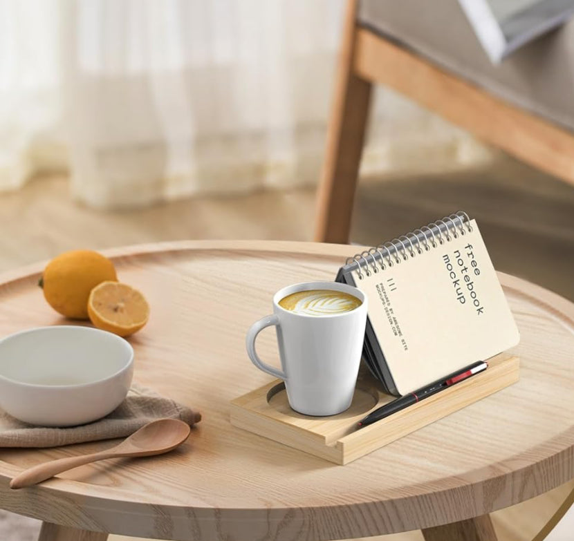 Wooden Book Caddy with Tablet Ledge • Book and Tablet Holder with Mug Nook