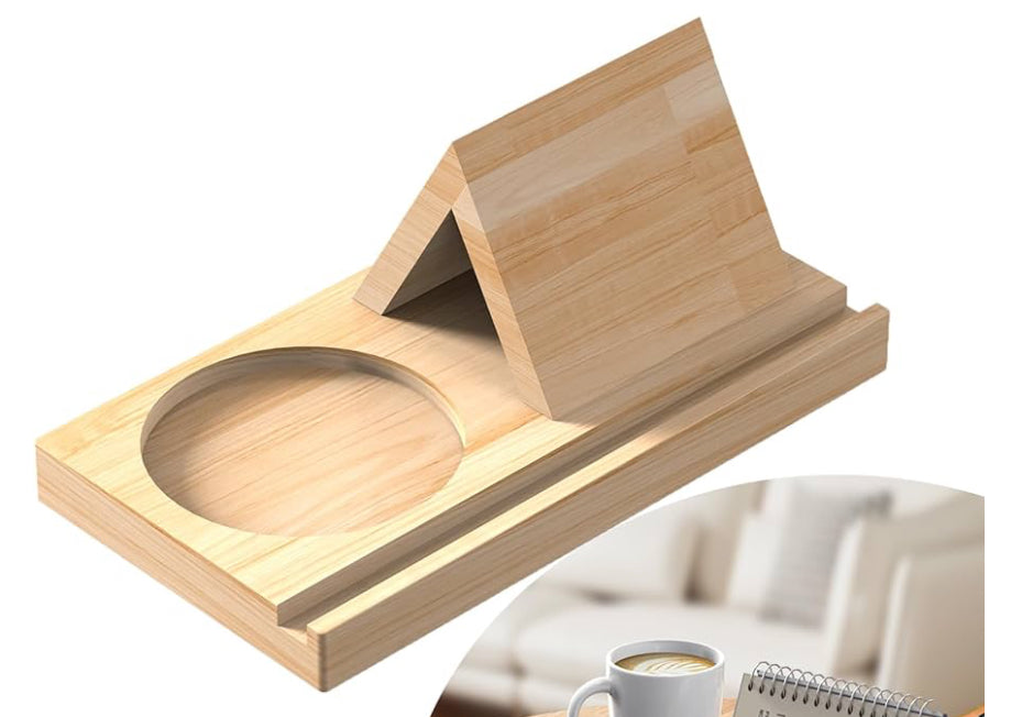 Wooden Book Caddy with Tablet Ledge • Book and Tablet Holder with Mug Nook