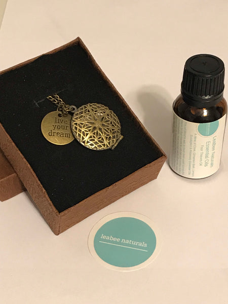 Live Your Dream gold tone Diffuser Necklace & Essential Oil Set • aromatherapy diffuser jewelry • essential oil